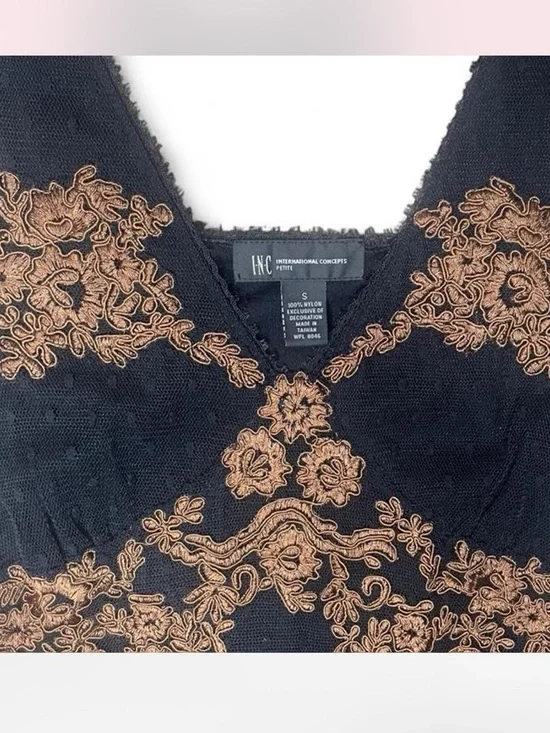 INC Black Surplice Tank Top with Gold Abstract Embroidery Y2K Grunge Western- S - Picture 2 of 4